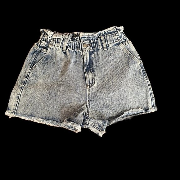 Women’s Blue Acid Wash High elastic Waist Raw Hem Paper Bag Denim Jean Shorts - Picture 1 of 6